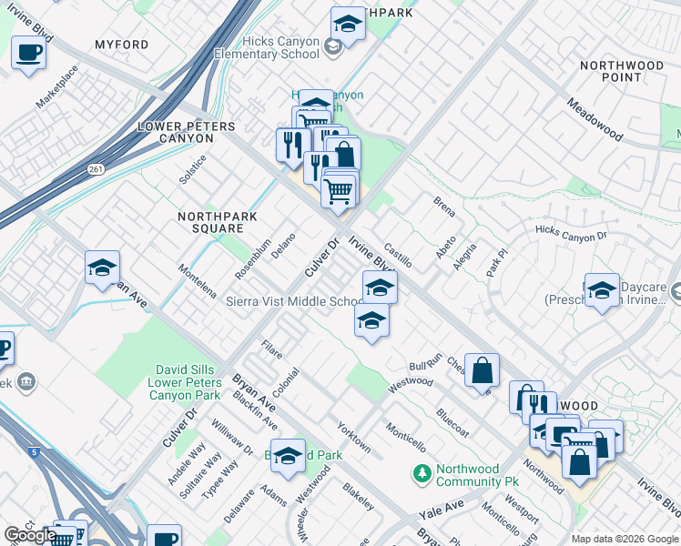 map of restaurants, bars, coffee shops, grocery stores, and more near 7 Tivoli in Irvine