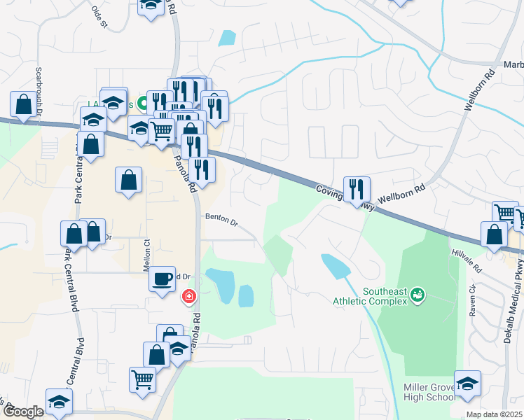 map of restaurants, bars, coffee shops, grocery stores, and more near 2346 Rolling Trail in Lithonia
