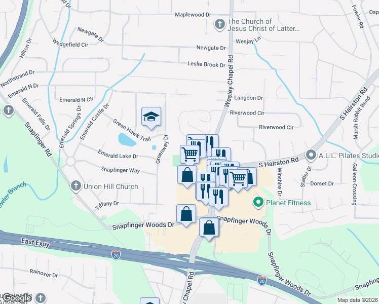 map of restaurants, bars, coffee shops, grocery stores, and more near 4211 Wingfoot Court in Decatur