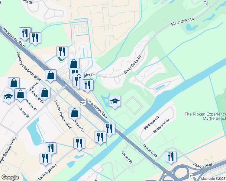 map of restaurants, bars, coffee shops, grocery stores, and more near 476 River Oaks Drive in Myrtle Beach