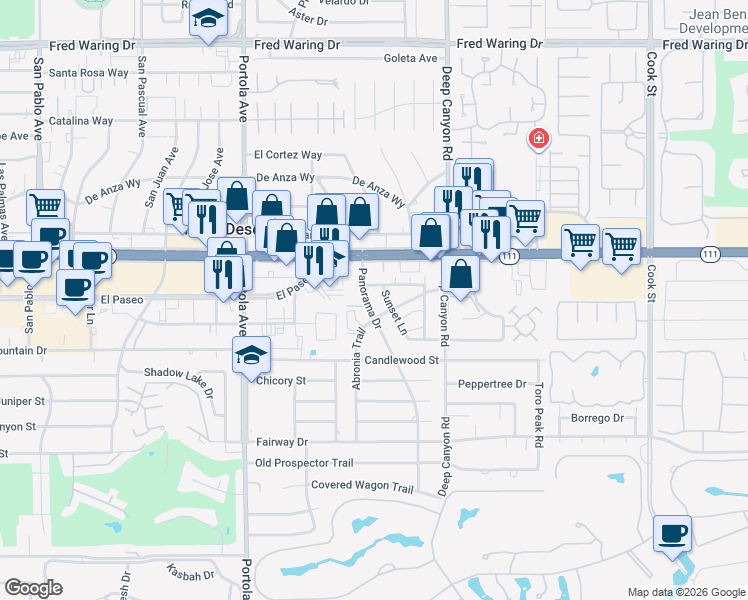 map of restaurants, bars, coffee shops, grocery stores, and more near 45270 Panorama Drive in Palm Desert