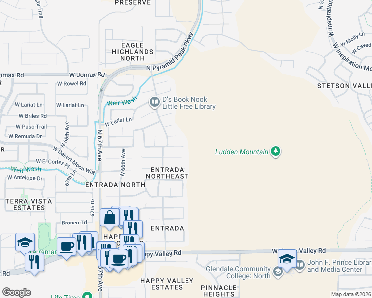 map of restaurants, bars, coffee shops, grocery stores, and more near 6315 West Prickly Pear Trail in Phoenix