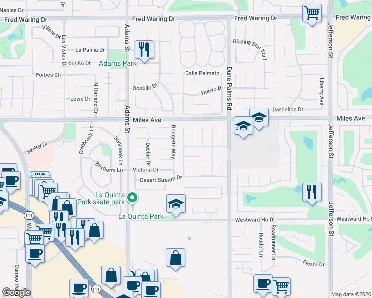 map of restaurants, bars, coffee shops, grocery stores, and more near 45245 Desert Air Street in La Quinta