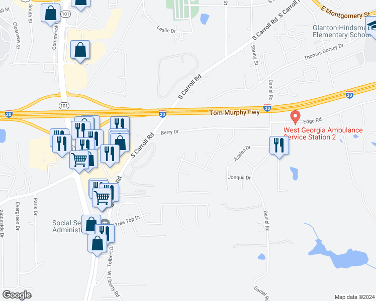 map of restaurants, bars, coffee shops, grocery stores, and more near 601 Amberwood Drive in Villa Rica