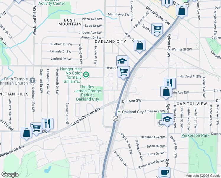 map of restaurants, bars, coffee shops, grocery stores, and more near 1195 Oakland Lane Southwest in Atlanta