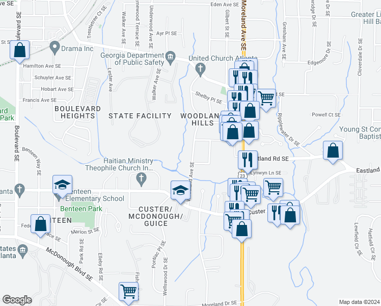 map of restaurants, bars, coffee shops, grocery stores, and more near 1265 Woodland Avenue Southeast in Atlanta