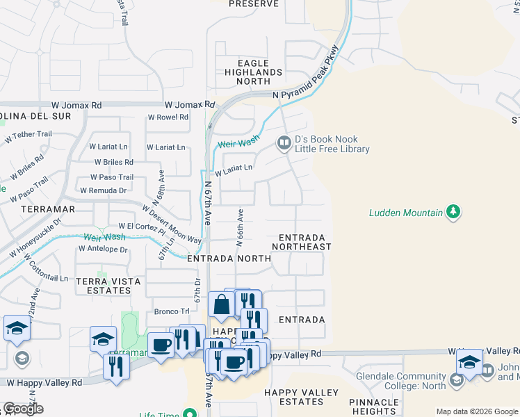 map of restaurants, bars, coffee shops, grocery stores, and more near 25805 North 65th Drive in Phoenix