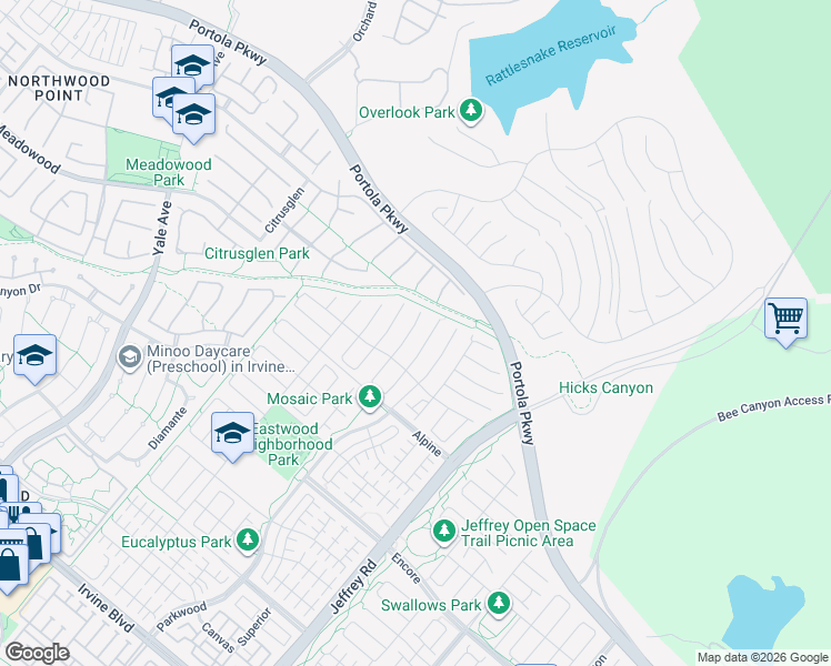 map of restaurants, bars, coffee shops, grocery stores, and more near 104 Paxton in Irvine