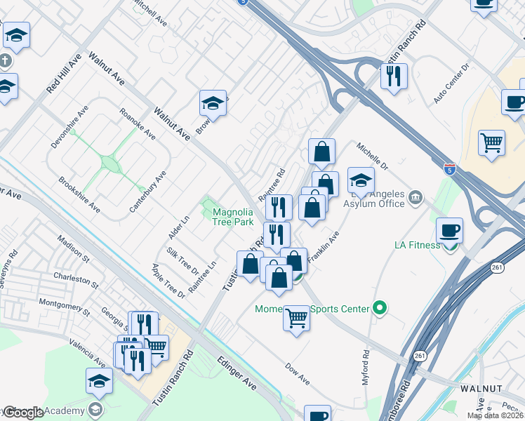 map of restaurants, bars, coffee shops, grocery stores, and more near 14482 Raintree Road in Tustin