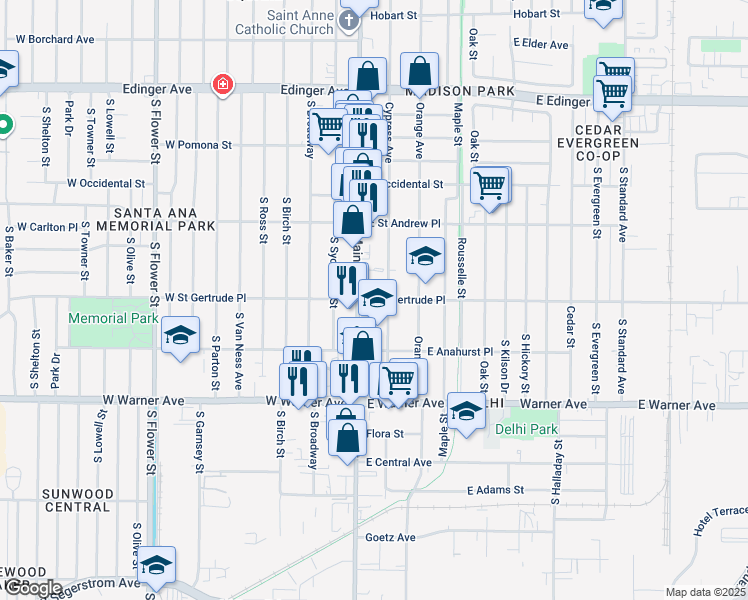 map of restaurants, bars, coffee shops, grocery stores, and more near 119 East Saint Gertrude Place in Santa Ana