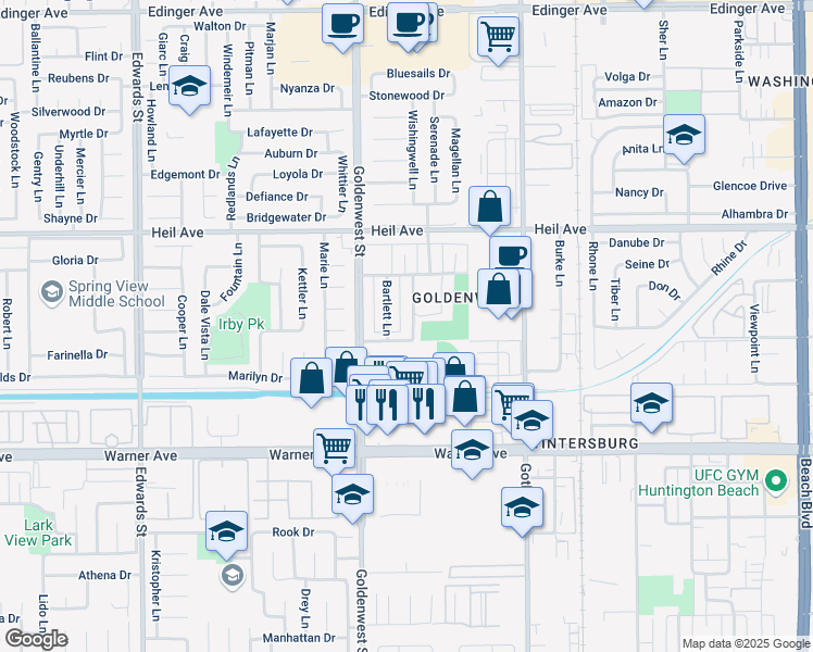 map of restaurants, bars, coffee shops, grocery stores, and more near 16691 Tunstall Lane in Huntington Beach