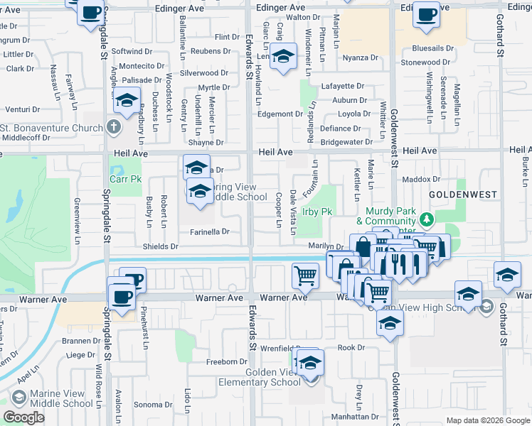 map of restaurants, bars, coffee shops, grocery stores, and more near 6572 Peggy Circle in Huntington Beach