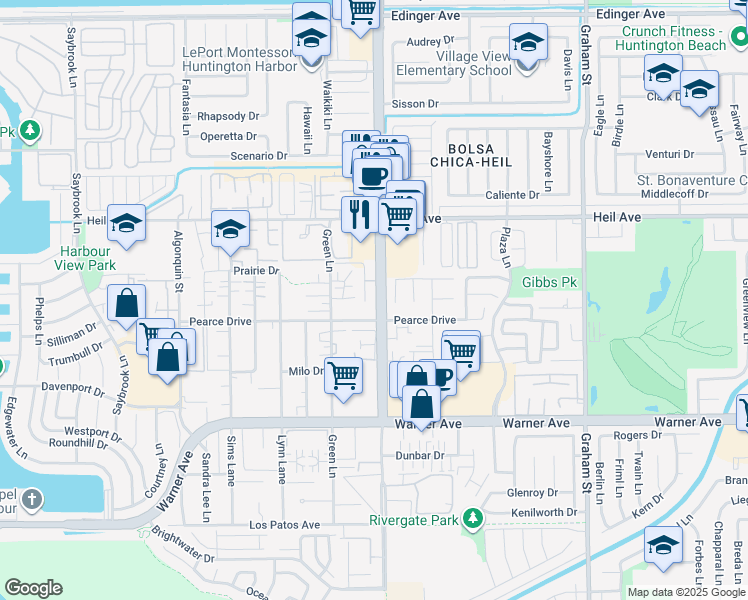 map of restaurants, bars, coffee shops, grocery stores, and more near 16621 Jib Circle in Huntington Beach