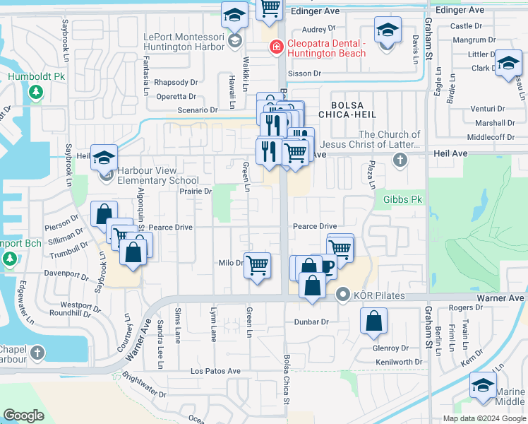 map of restaurants, bars, coffee shops, grocery stores, and more near 16621 Jib Circle in Huntington Beach