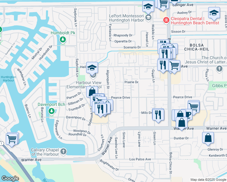 map of restaurants, bars, coffee shops, grocery stores, and more near 16662 Algonquin Street in Huntington Beach