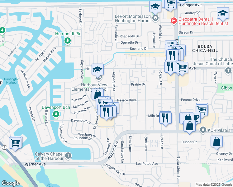 map of restaurants, bars, coffee shops, grocery stores, and more near 16662 Algonquin Street in Huntington Beach