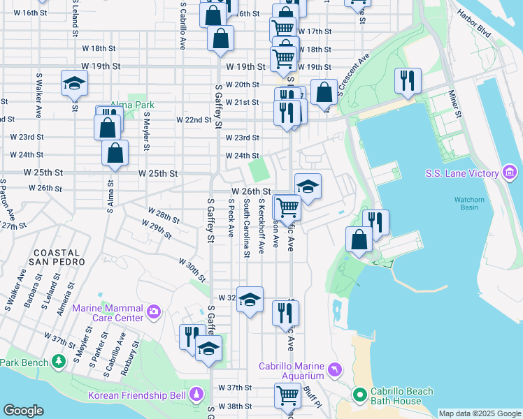map of restaurants, bars, coffee shops, grocery stores, and more near 2629 South Kerckhoff Avenue in Los Angeles