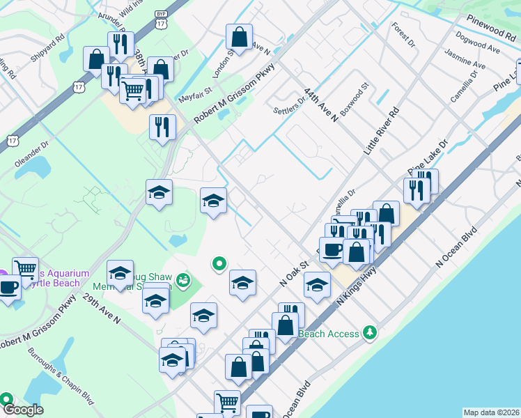 map of restaurants, bars, coffee shops, grocery stores, and more near 3753 Block House Way in Myrtle Beach