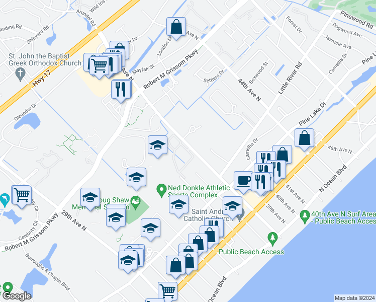 map of restaurants, bars, coffee shops, grocery stores, and more near 3753 Block House Way in Myrtle Beach