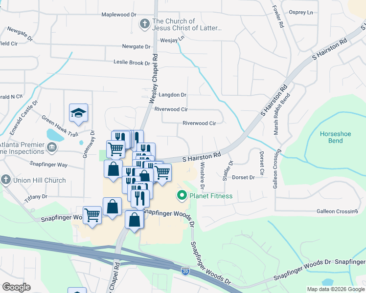 map of restaurants, bars, coffee shops, grocery stores, and more near 2211 Riverbrook Road in Decatur