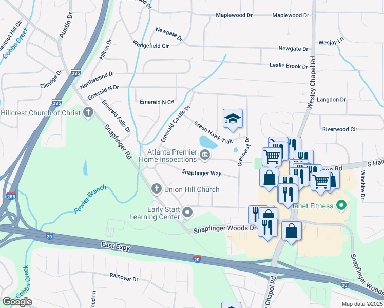 map of restaurants, bars, coffee shops, grocery stores, and more near 4048 Emerald Lake Drive in Decatur