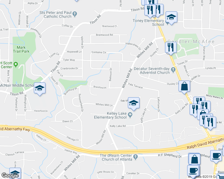 map of restaurants, bars, coffee shops, grocery stores, and more near 2544 Brentford Place in Decatur