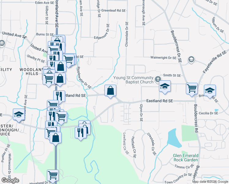 map of restaurants, bars, coffee shops, grocery stores, and more near 1158 Verandah Lane Southeast in Atlanta