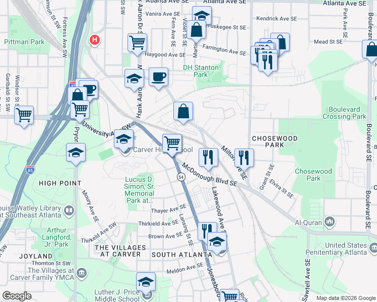 map of restaurants, bars, coffee shops, grocery stores, and more near 1267 Martin Street Southeast in Atlanta