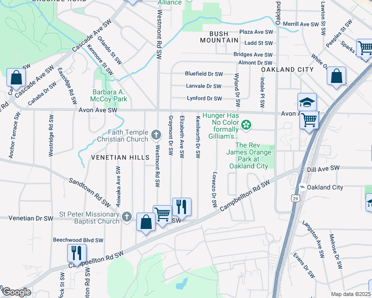 map of restaurants, bars, coffee shops, grocery stores, and more near 1290 Elizabeth Avenue Southwest in Atlanta
