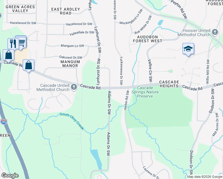 map of restaurants, bars, coffee shops, grocery stores, and more near Adams Drive Southwest in Atlanta