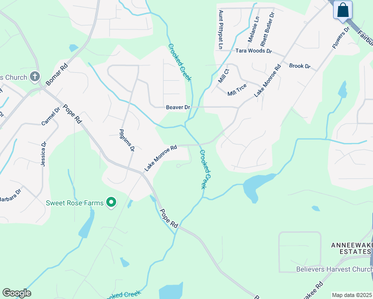 map of restaurants, bars, coffee shops, grocery stores, and more near 3116 Lake Monroe Road in Douglasville