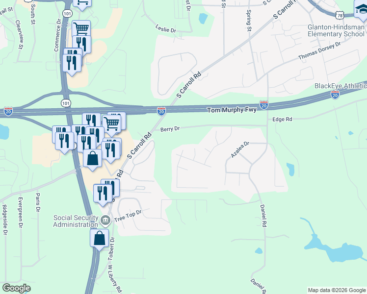 map of restaurants, bars, coffee shops, grocery stores, and more near 600 Amberwood Drive in Villa Rica