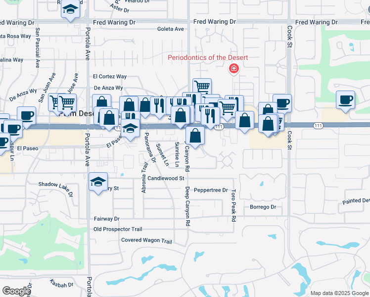 map of restaurants, bars, coffee shops, grocery stores, and more near 9 Deep Canyon Road in Palm Desert
