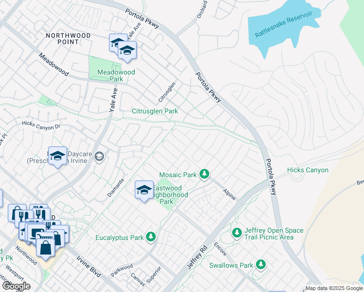 map of restaurants, bars, coffee shops, grocery stores, and more near 117 Reflection in Irvine