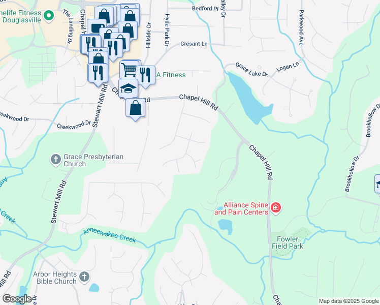 map of restaurants, bars, coffee shops, grocery stores, and more near 3156 Cedar Dale Drive in Douglasville
