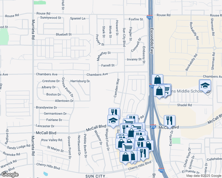 map of restaurants, bars, coffee shops, grocery stores, and more near 26646 Amhurst Court in Menifee