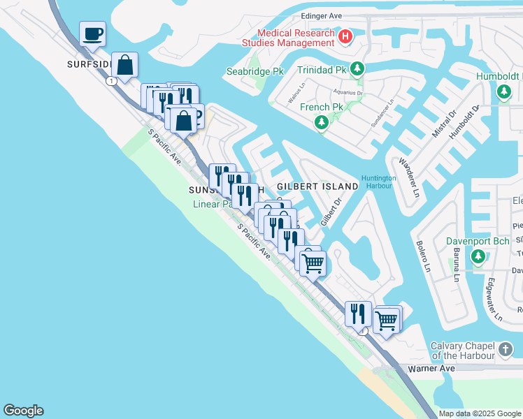 map of restaurants, bars, coffee shops, grocery stores, and more near 16735 Bayview Drive in Huntington Beach