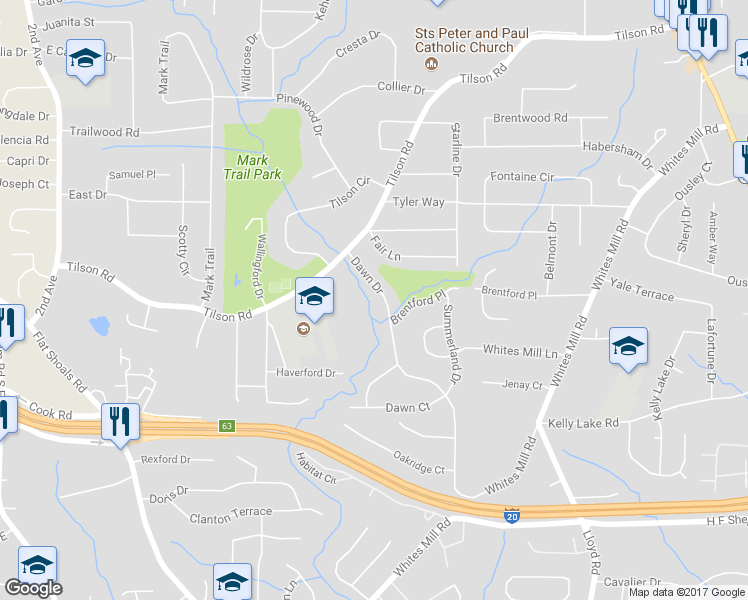 map of restaurants, bars, coffee shops, grocery stores, and more near 2381 Dawn Drive in Decatur