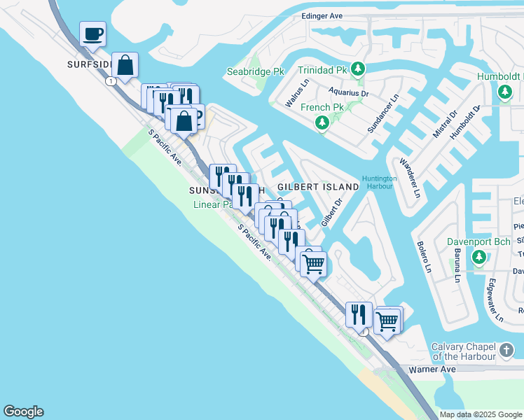 map of restaurants, bars, coffee shops, grocery stores, and more near 16735 Bayview Drive in Huntington Beach