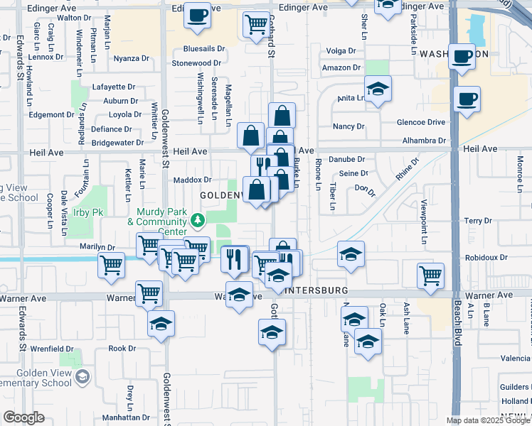 map of restaurants, bars, coffee shops, grocery stores, and more near 16691 Gothard Street in Huntington Beach