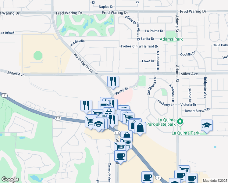 map of restaurants, bars, coffee shops, grocery stores, and more near 45305 Seeley Drive in La Quinta
