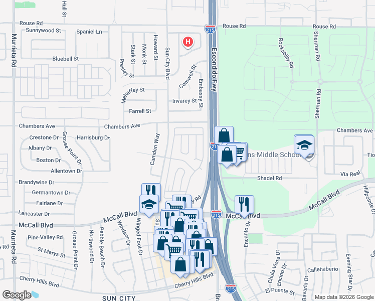 map of restaurants, bars, coffee shops, grocery stores, and more near 27601 Sun City Blvd in Sun City