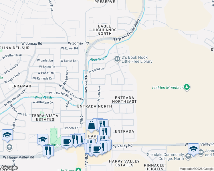 map of restaurants, bars, coffee shops, grocery stores, and more near 25805 North 65th Drive in Phoenix