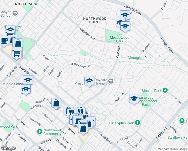 map of restaurants, bars, coffee shops, grocery stores, and more near 16 Campanero West in Irvine