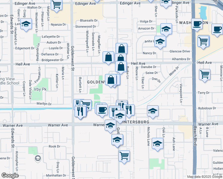 map of restaurants, bars, coffee shops, grocery stores, and more near 16691 Gothard Street in Huntington Beach
