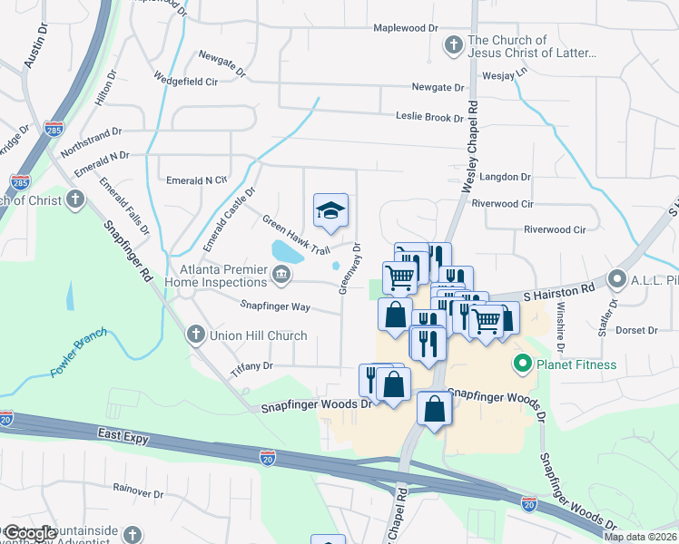 map of restaurants, bars, coffee shops, grocery stores, and more near 2341 Greenway Drive in Decatur