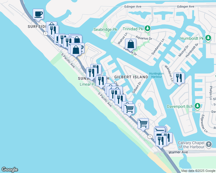 map of restaurants, bars, coffee shops, grocery stores, and more near 16735 Bayview Drive in Huntington Beach