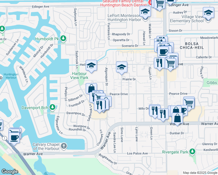 map of restaurants, bars, coffee shops, grocery stores, and more near 16682 Algonquin Street in Huntington Beach
