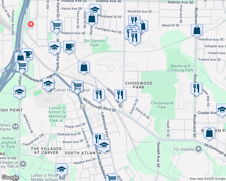 map of restaurants, bars, coffee shops, grocery stores, and more near 1269 Hill Street Southeast in Atlanta