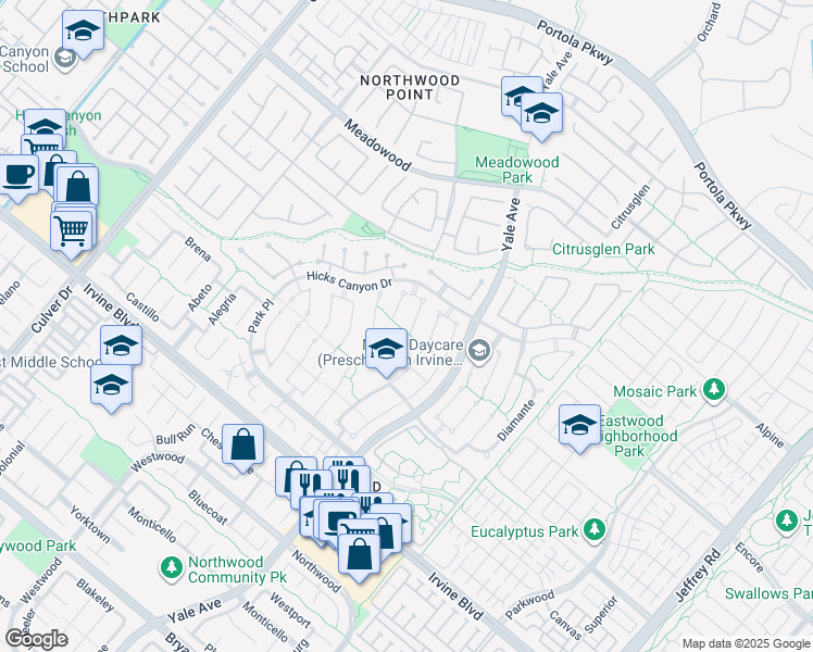 map of restaurants, bars, coffee shops, grocery stores, and more near 19 Campanero East in Irvine